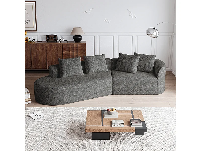 Divano angolare grigio scuro - Divano a 4 posti con 4 cuscini decorativi e schienale - Ciniglia