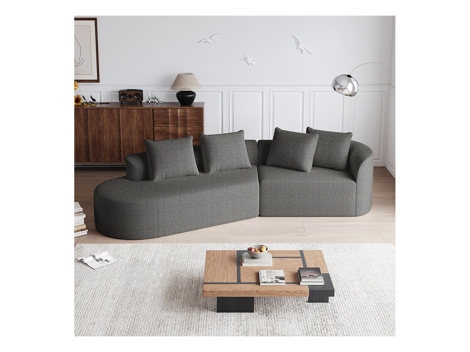 Canapé d'angle gris foncé - Canapé 4 places avec 4 coussins décoratifs et dossier - chenille