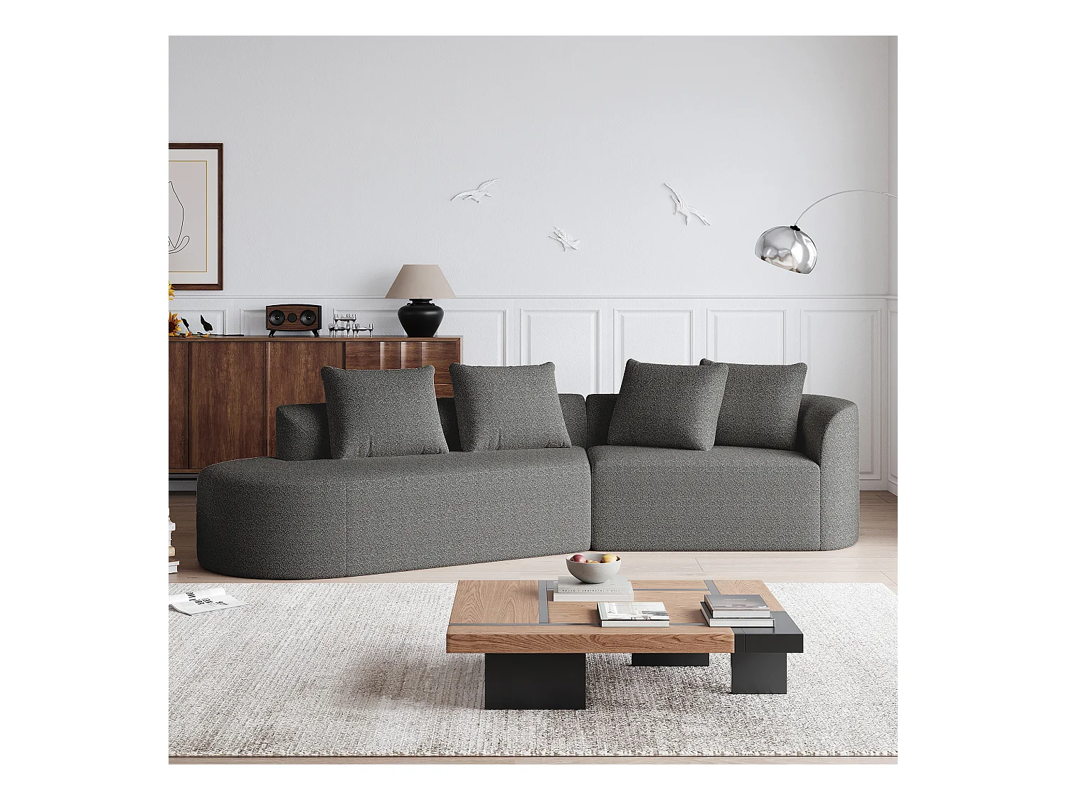 Canapé d'angle gris foncé - Canapé 4 places avec 4 coussins décoratifs et dossier - chenille