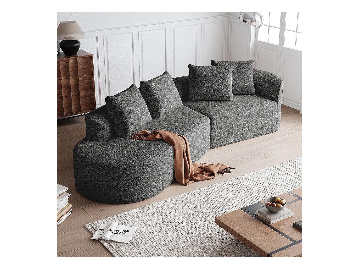 Canapé d'angle gris foncé - Canapé 4 places avec 4 coussins décoratifs et dossier - chenille