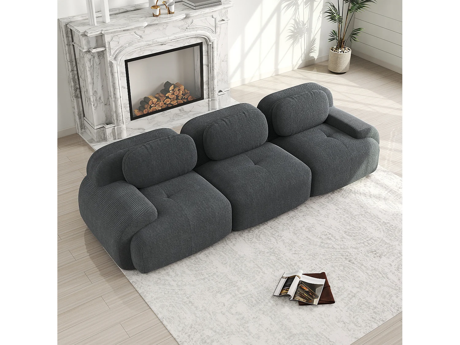 Canapé droit avec accoudoirs incurvés - Canapé 3 places avec dossier et coussins décoratifs - velours côtelé gris