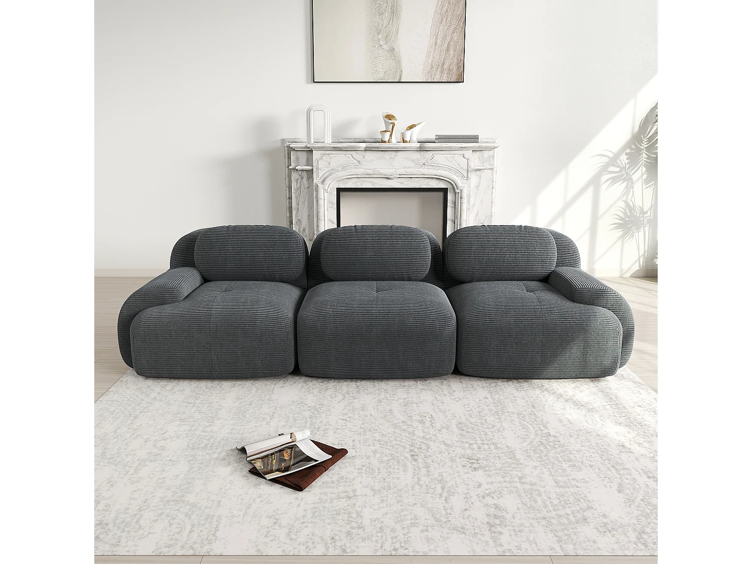 Canapé droit avec accoudoirs incurvés - Canapé 3 places avec dossier et coussins décoratifs - velours côtelé gris