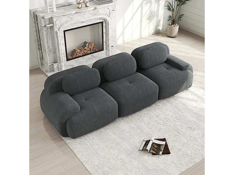 Canapé droit avec accoudoirs incurvés - Canapé 3 places avec dossier et coussins décoratifs - velours côtelé gris