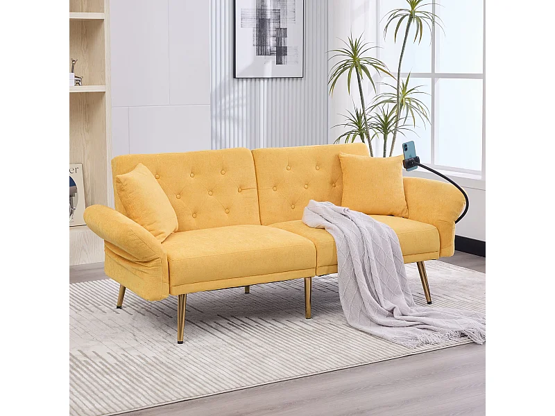 Sofá de 2 lugares com portas USB - Sofá reto com suporte para telemóvel e bolsos laterais - Encosto ajustável - Veludo amarelo