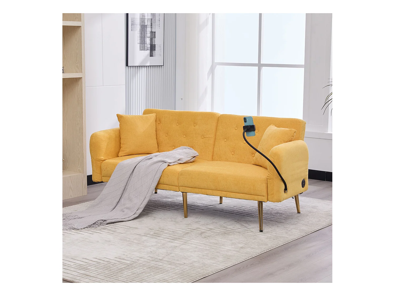 Canapé 2 places avec ports USB - Canapé droit avec support pour téléphone et poches latérales - dossier réglable - velours jaune