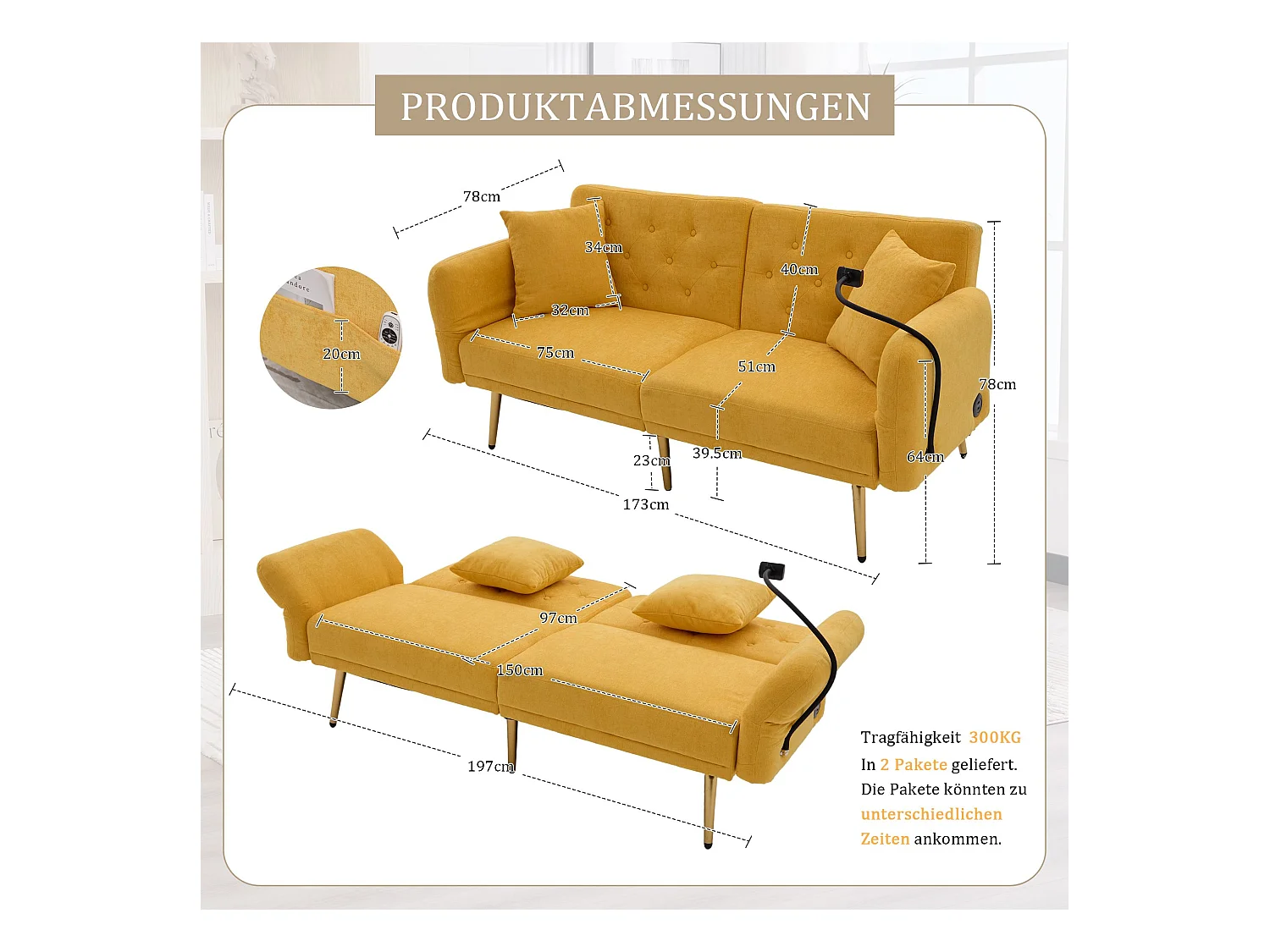 Canapé 2 places avec ports USB - Canapé droit avec support pour téléphone et poches latérales - dossier réglable - velours jaune