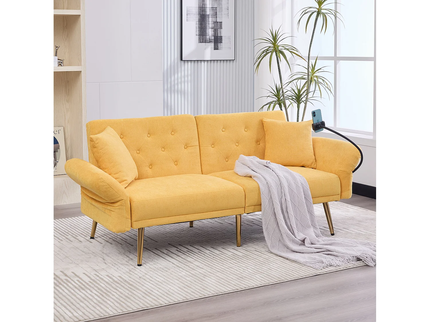 Sofá de 2 lugares com portas USB - Sofá reto com suporte para telemóvel e bolsos laterais - Encosto ajustável - Veludo amarelo