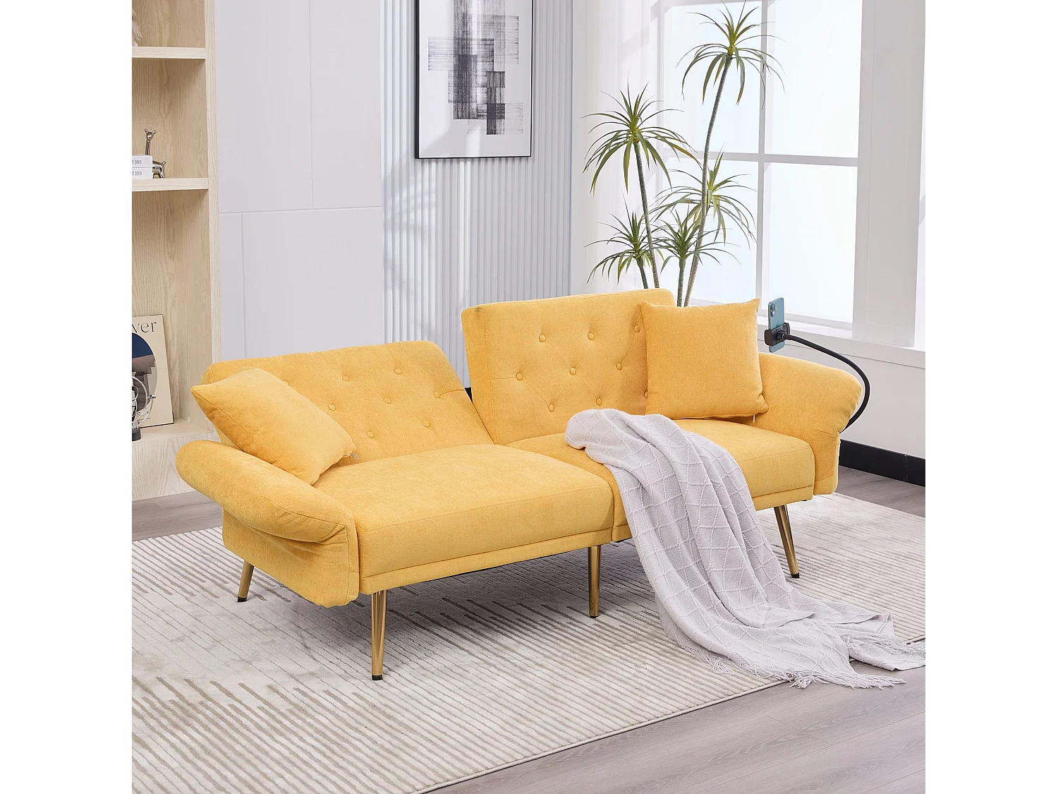 Sofá de 2 lugares com portas USB - Sofá reto com suporte para telemóvel e bolsos laterais - Encosto ajustável - Veludo amarelo