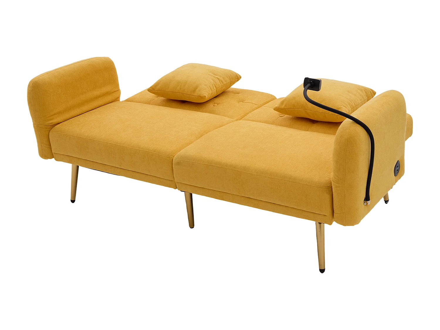 Sofá de 2 lugares com portas USB - Sofá reto com suporte para telemóvel e bolsos laterais - Encosto ajustável - Veludo amarelo