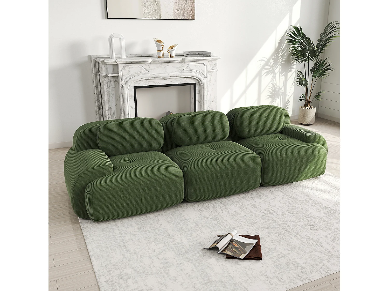 Divano dritto con braccioli curvi - Divano 3 posti con schienale e cuscini decorativi - velluto a coste verde