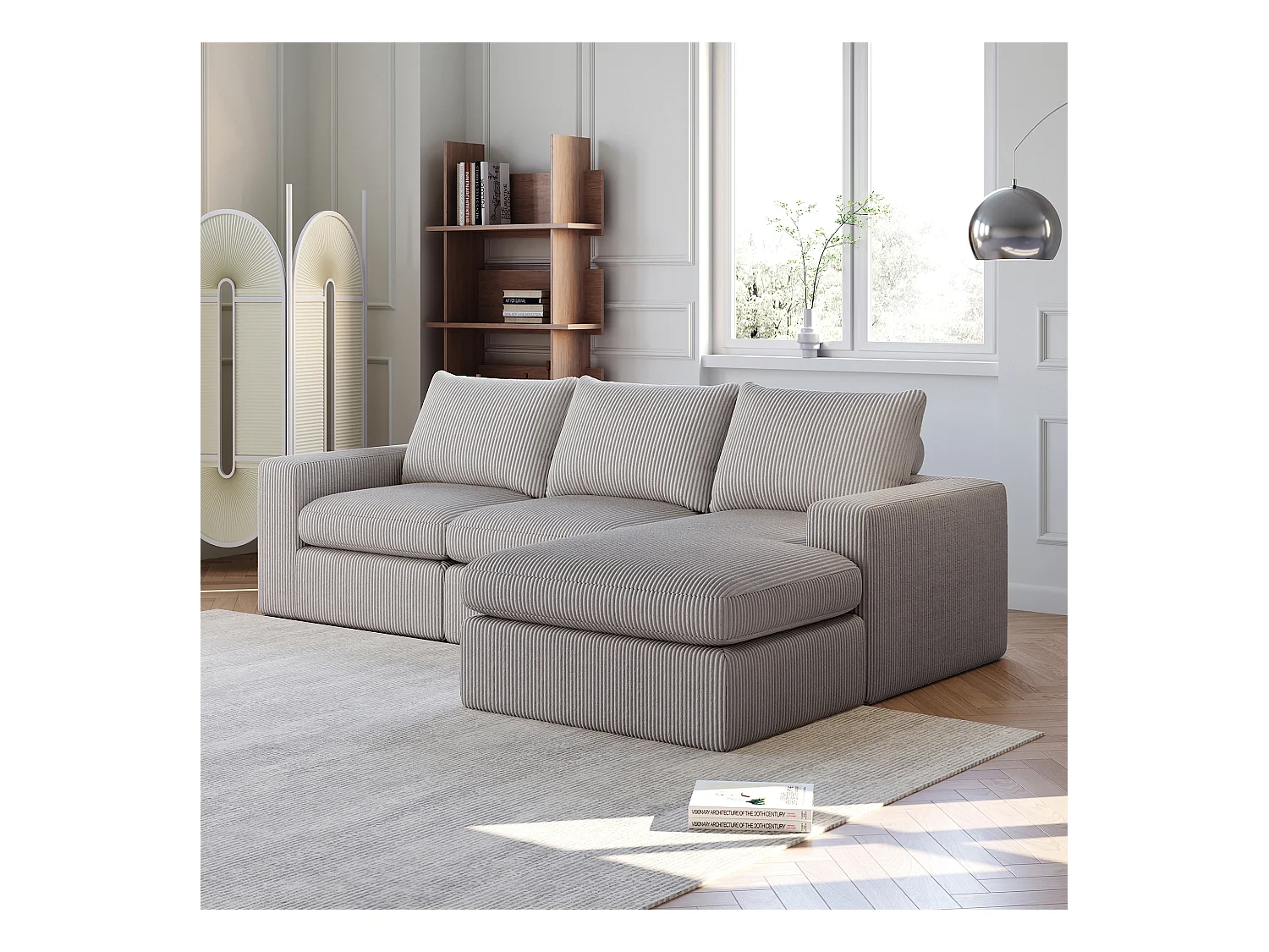 Canapé d'angle - Canapé 3 places avec trois coussins et accoudoirs - velours côtelé gris clair