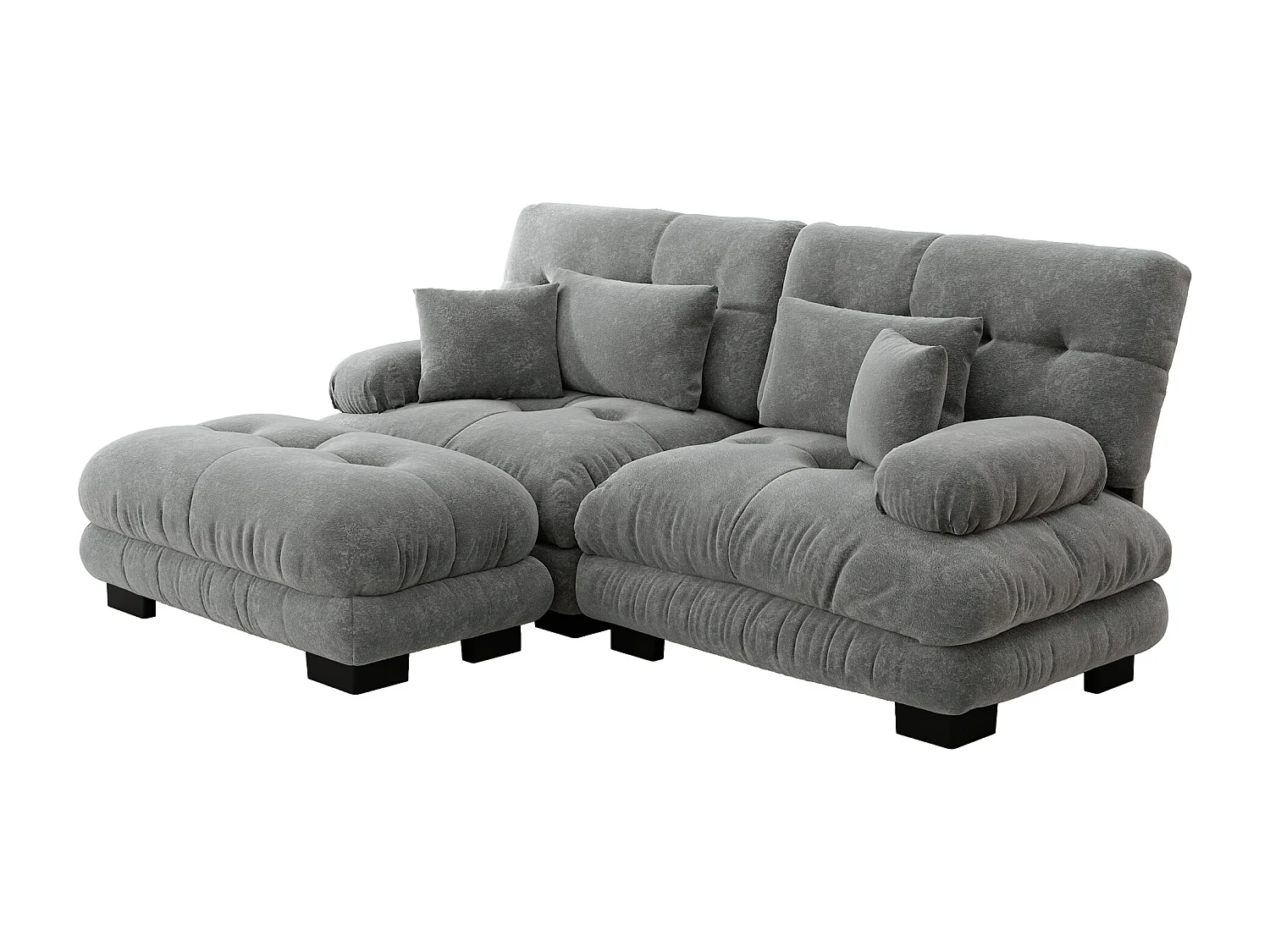 Canapé 2 places gris - Canapé d'angle avec 2 coussins cale-reins et 2 coussins décoratifs - accoudoirs et repose-pieds - chenille