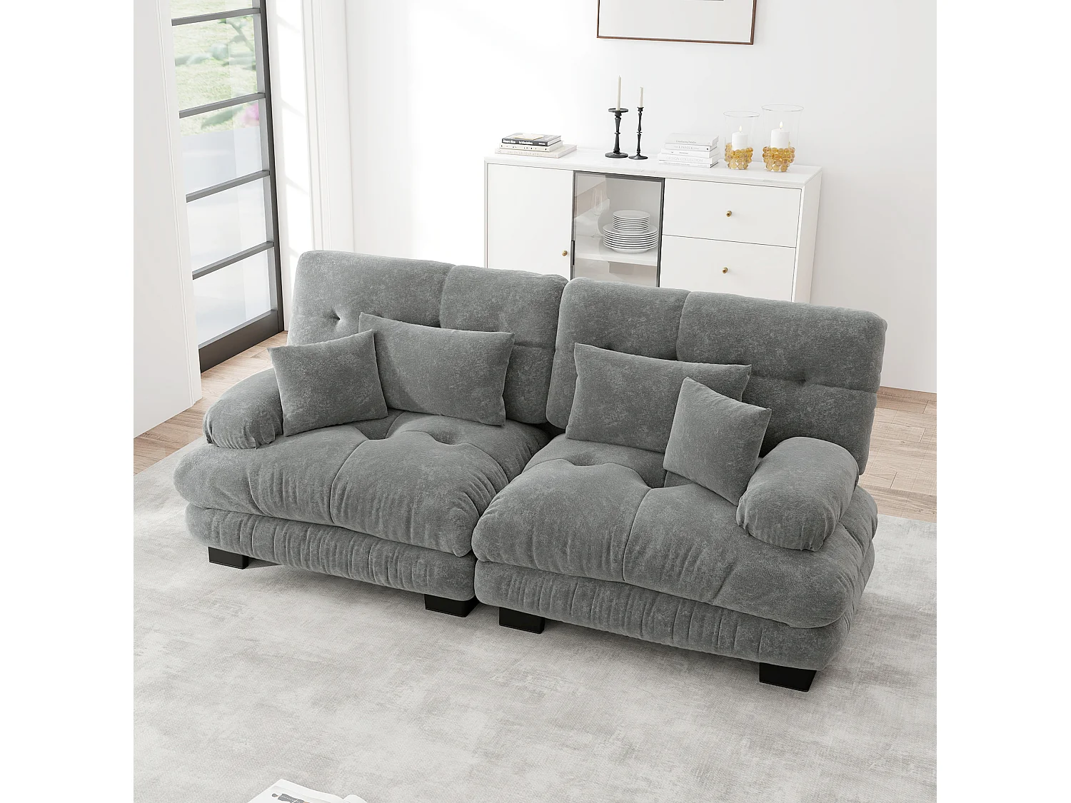 Canapé 2 places gris - Canapé droit avec 2 coussins lombaires et 2 coussins décoratifs - chenille