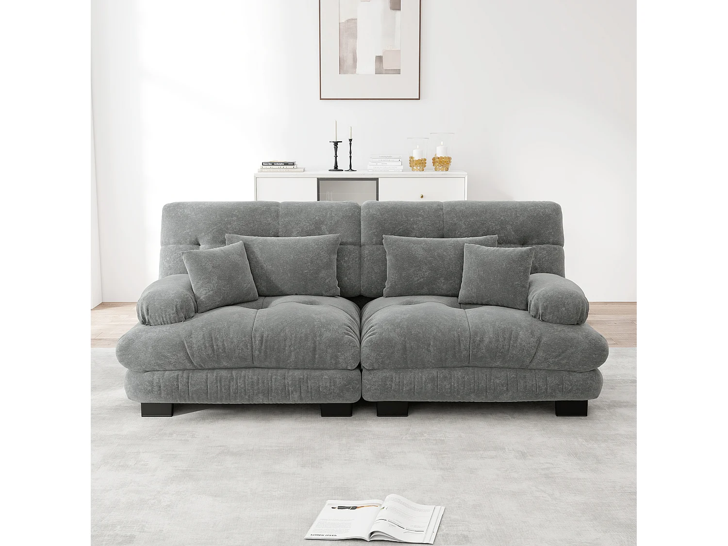 Canapé 2 places gris - Canapé droit avec 2 coussins lombaires et 2 coussins décoratifs - chenille