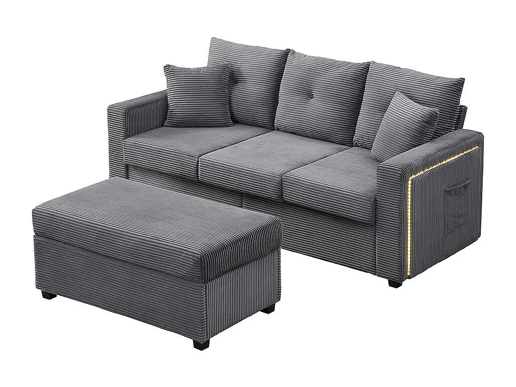 Canapé 3 places LED modulaire en L avec pouf surdimensionné assise moelleuse salon résistant gris antique