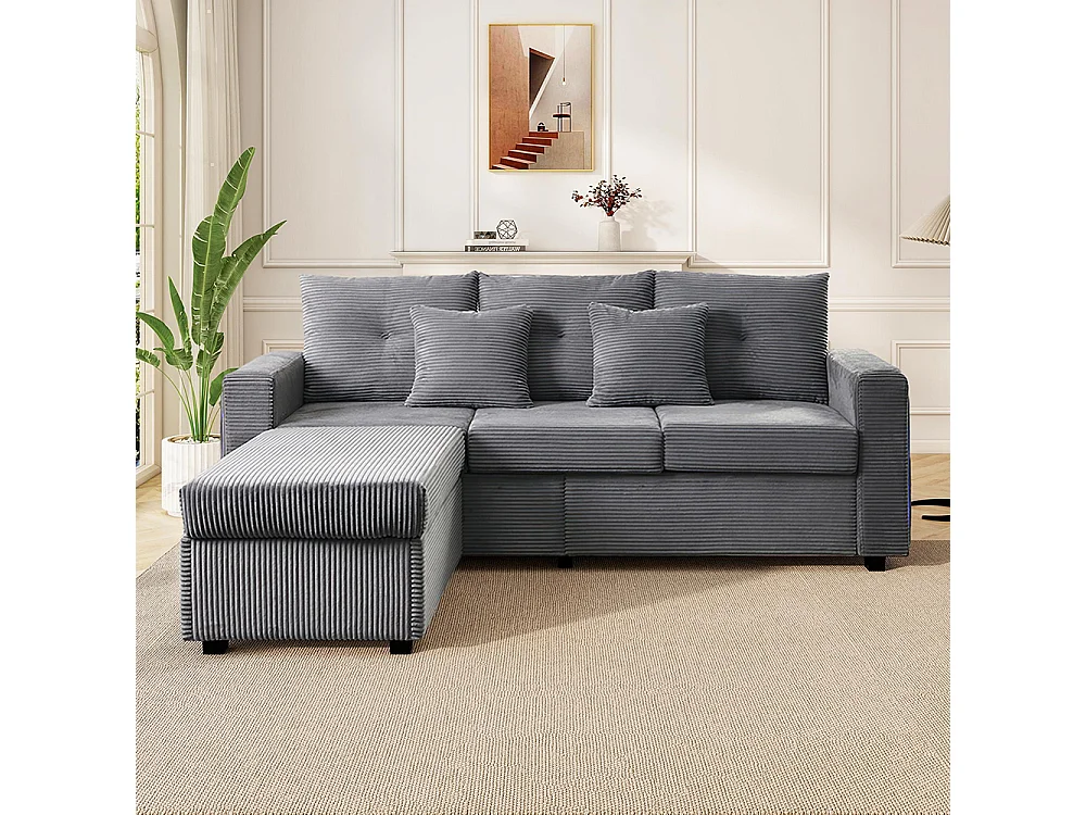 Canapé 3 places LED modulaire en L avec pouf surdimensionné assise moelleuse salon résistant gris antique