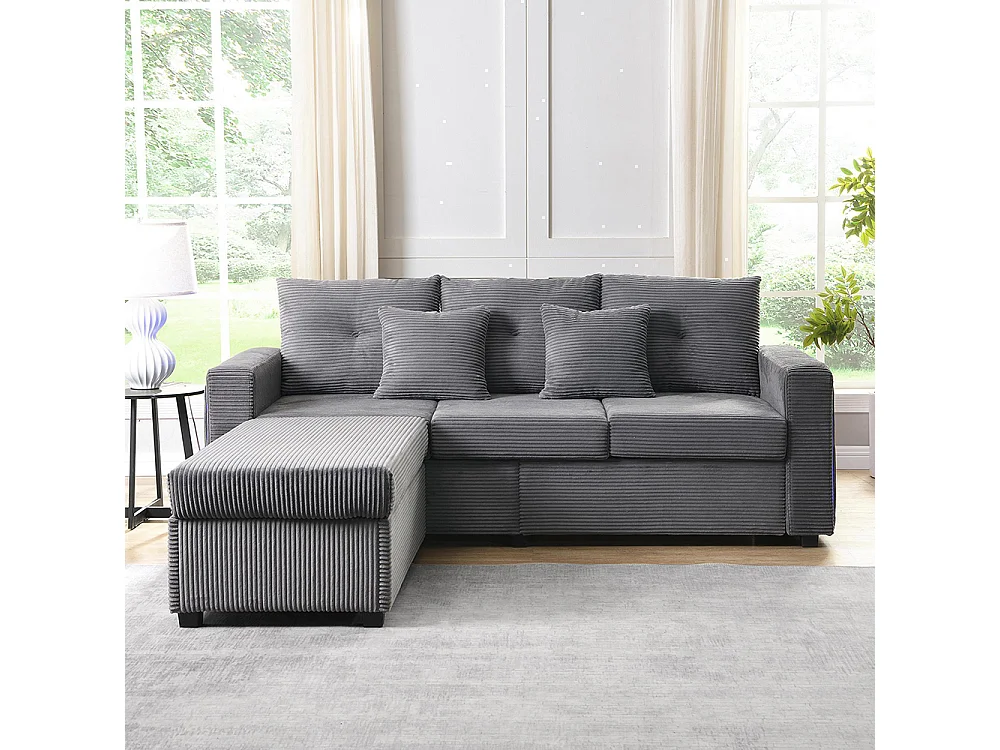 Canapé 3 places LED modulaire en L avec pouf surdimensionné assise moelleuse salon résistant gris antique