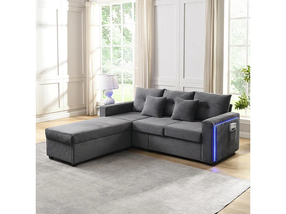 Canapé 3 places LED modulaire en L avec pouf surdimensionné assise moelleuse salon résistant gris antique