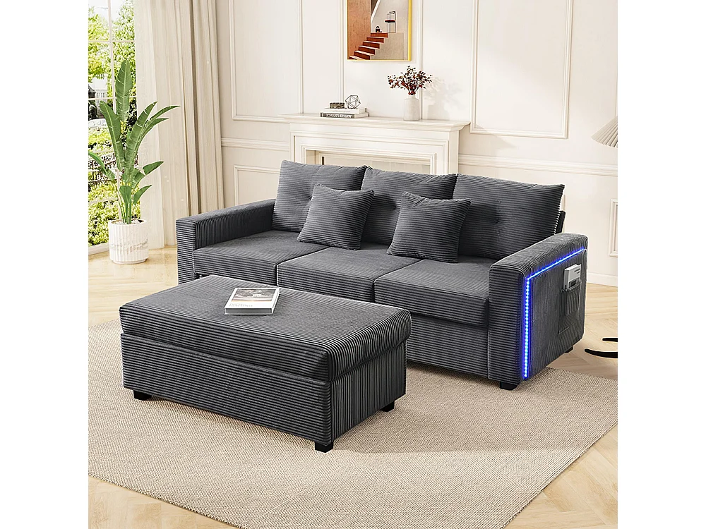 Canapé 3 places LED modulaire en L avec pouf surdimensionné assise moelleuse salon résistant gris antique