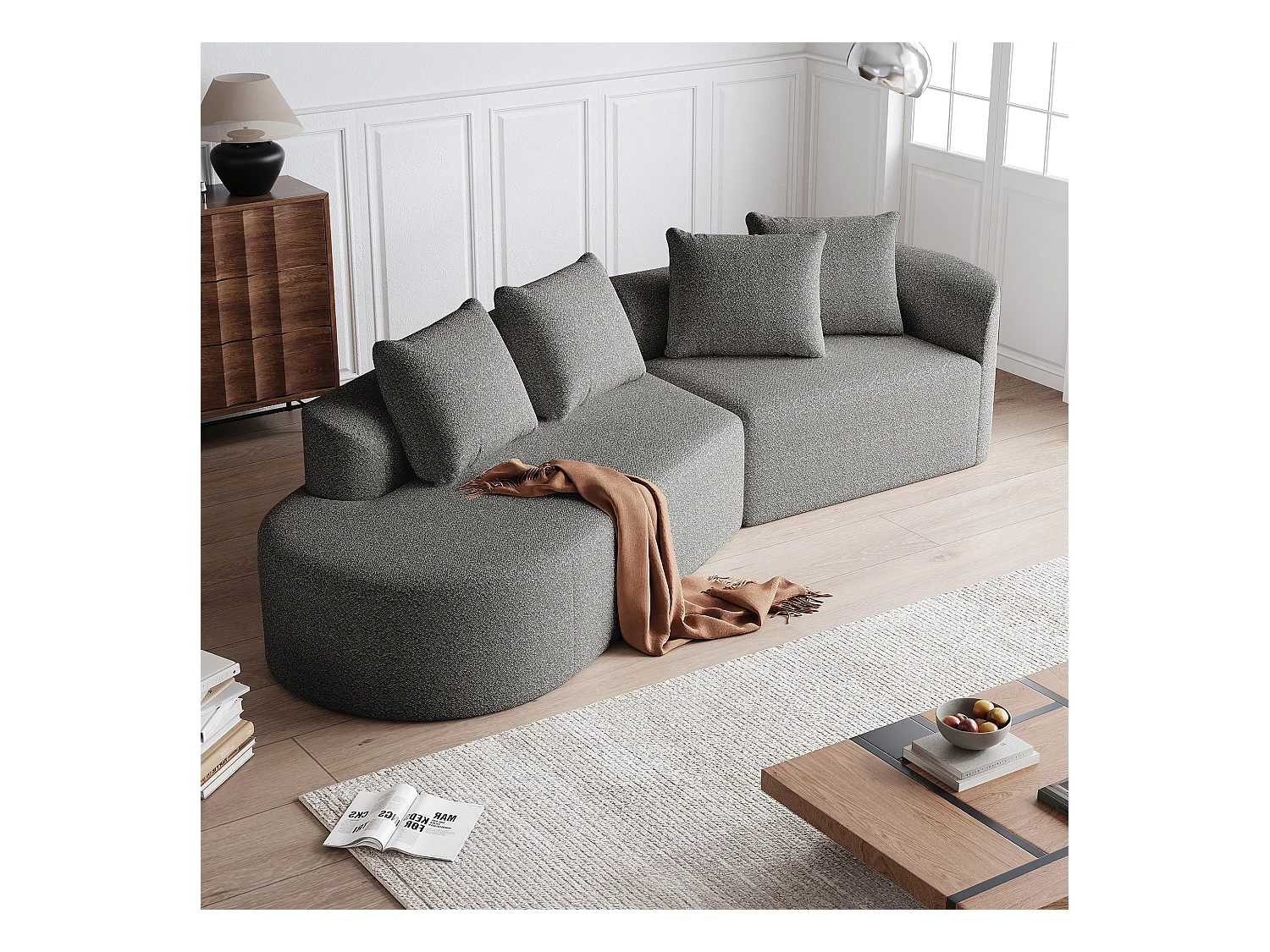 Canapé d'angle gris clair - Canapé 4 places avec 4 coussins décoratifs et dossier - chenille