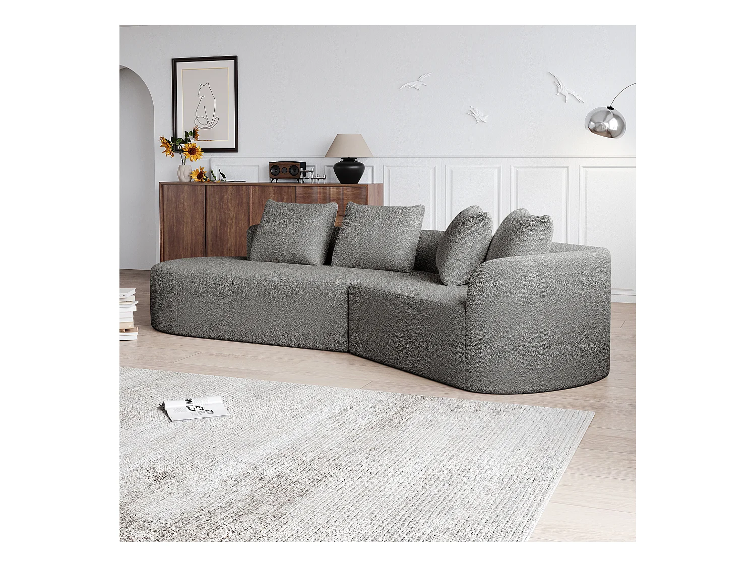 Canapé d'angle gris clair - Canapé 4 places avec 4 coussins décoratifs et dossier - chenille