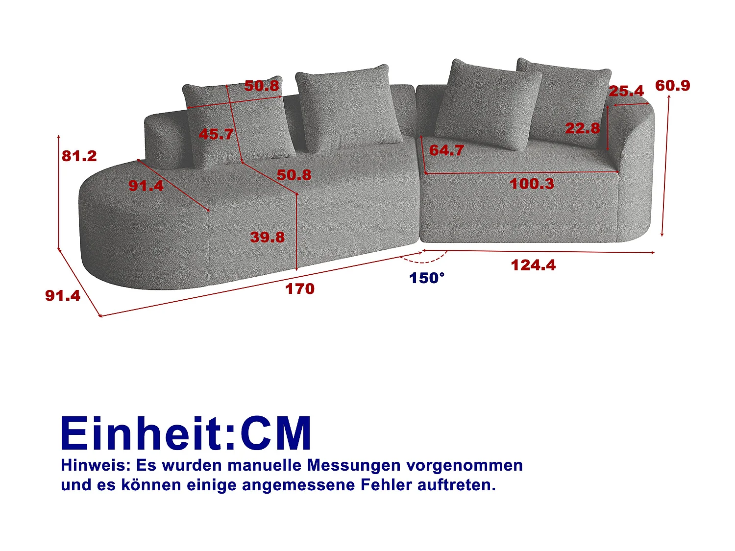 Jasnoszara sofa narożna - sofa 4-osobowa z 4 poduszkami dekoracyjnymi i oparciem - szenil