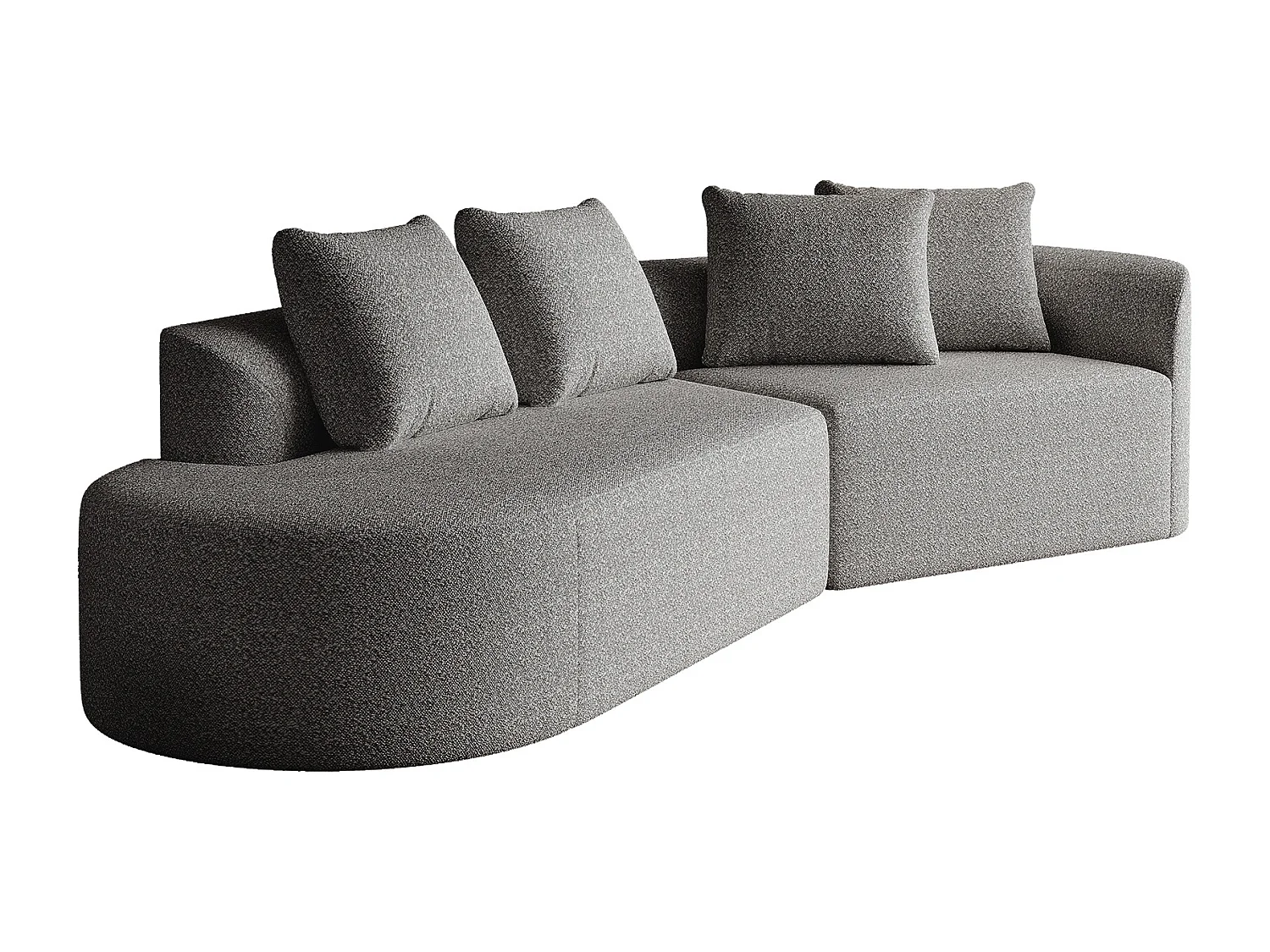 Jasnoszara sofa narożna - sofa 4-osobowa z 4 poduszkami dekoracyjnymi i oparciem - szenil