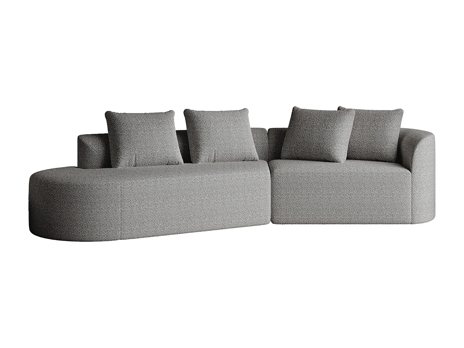 Jasnoszara sofa narożna - sofa 4-osobowa z 4 poduszkami dekoracyjnymi i oparciem - szenil