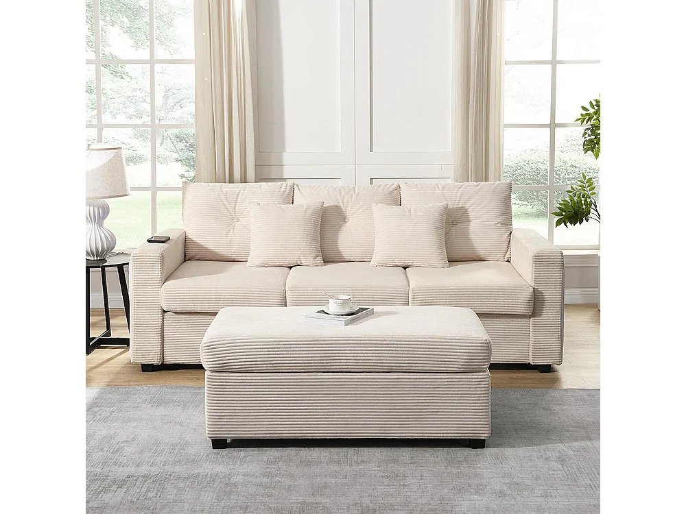 Canapé 3 places LED modulaire en L avec pouf surdimensionné assise moelleuse salon résistant beige