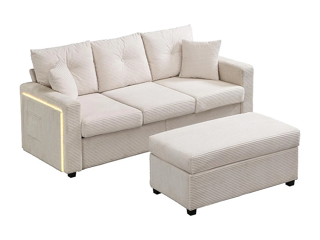 Canapé 3 places LED modulaire en L avec pouf surdimensionné assise moelleuse salon résistant beige