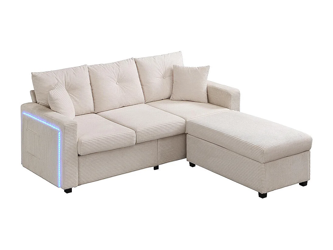 Canapé 3 places LED modulaire en L avec pouf surdimensionné assise moelleuse salon résistant beige