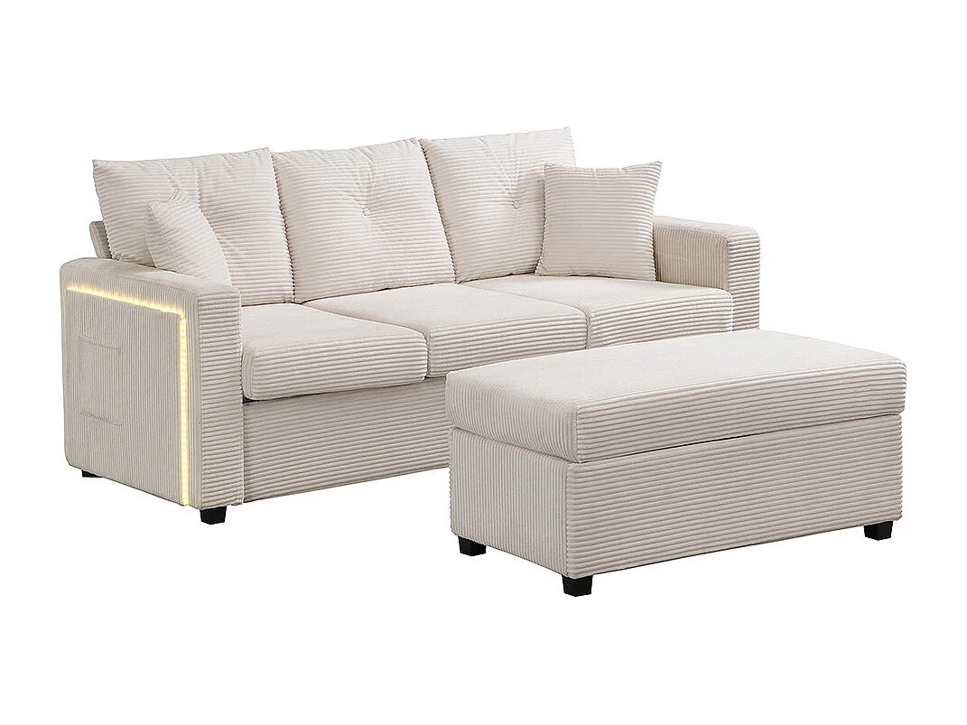 Canapé 3 places LED modulaire en L avec pouf surdimensionné assise moelleuse salon résistant beige