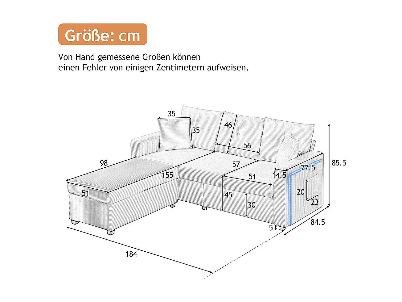 Canapé 3 places LED modulaire en L avec pouf surdimensionné assise moelleuse salon résistant beige