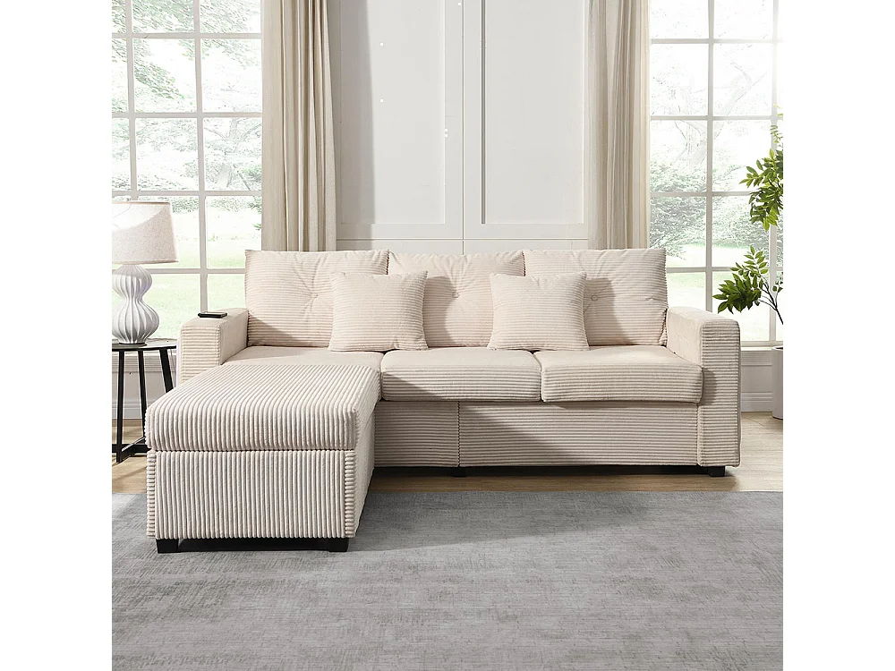 Canapé 3 places LED modulaire en L avec pouf surdimensionné assise moelleuse salon résistant beige