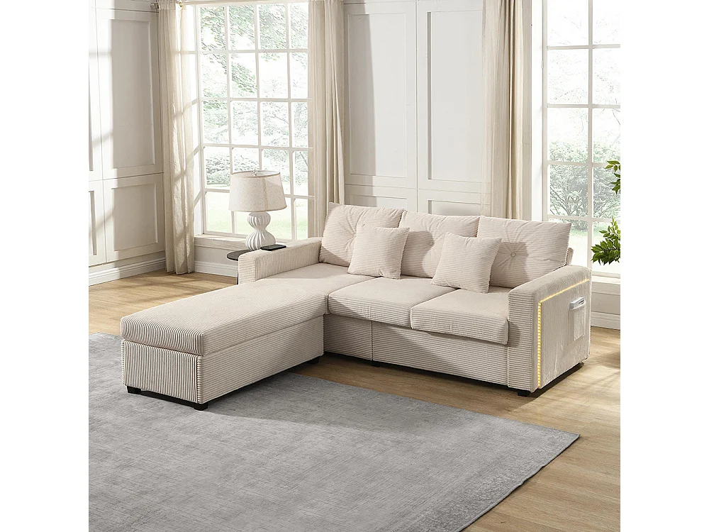 Canapé 3 places LED modulaire en L avec pouf surdimensionné assise moelleuse salon résistant beige