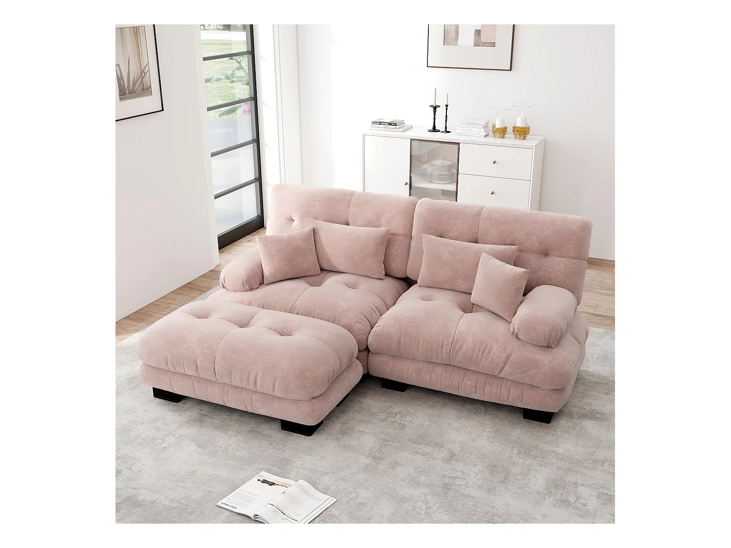 Canapé 2 places rose - Canapé d'angle avec 2 coussins cale-reins et 2 coussins décoratifs - accoudoirs et repose-pieds - chenille