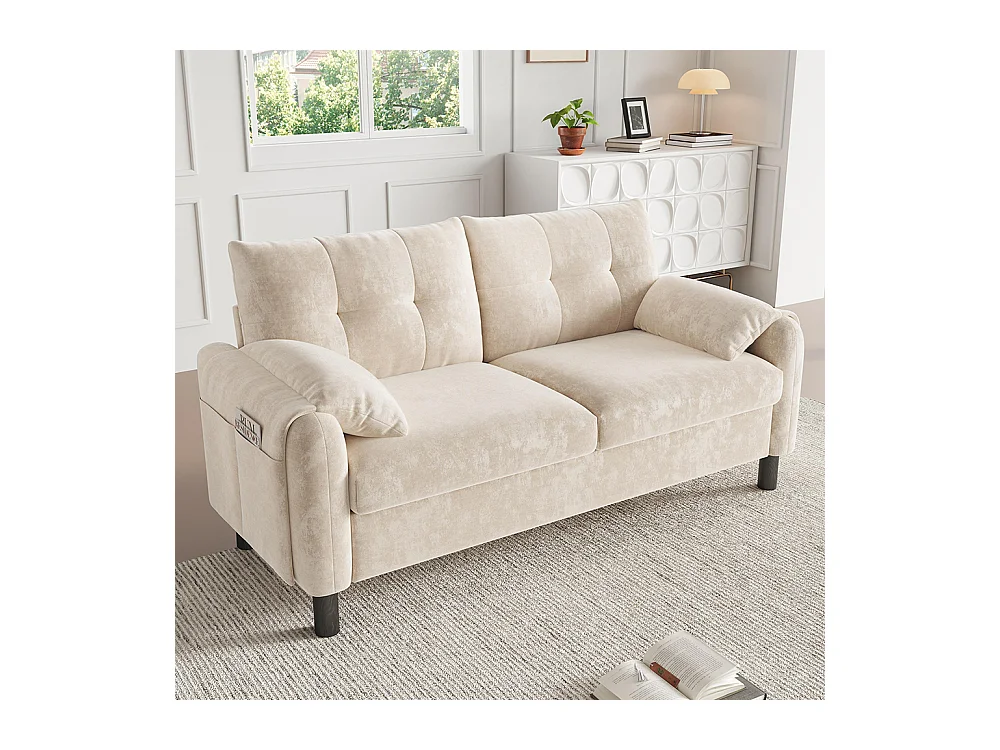 Canapé 2 places beige tissu chenille coussins épais rembourré confortable salon chambre appartement scandinave