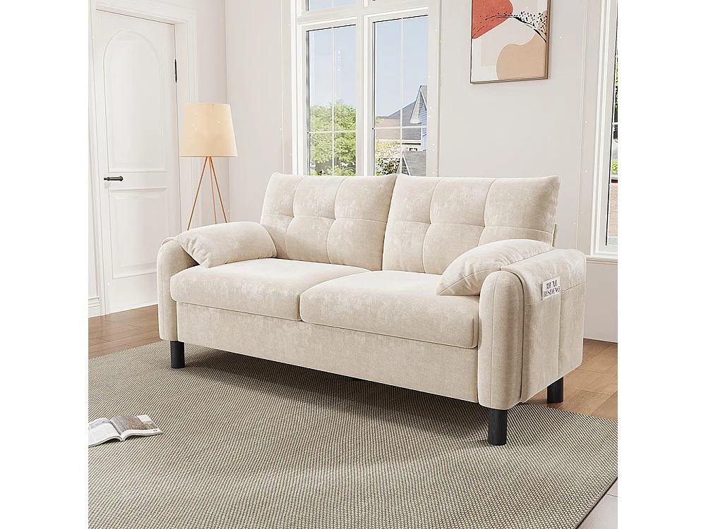 Canapé 2 places beige tissu chenille coussins épais rembourré confortable salon chambre appartement scandinave