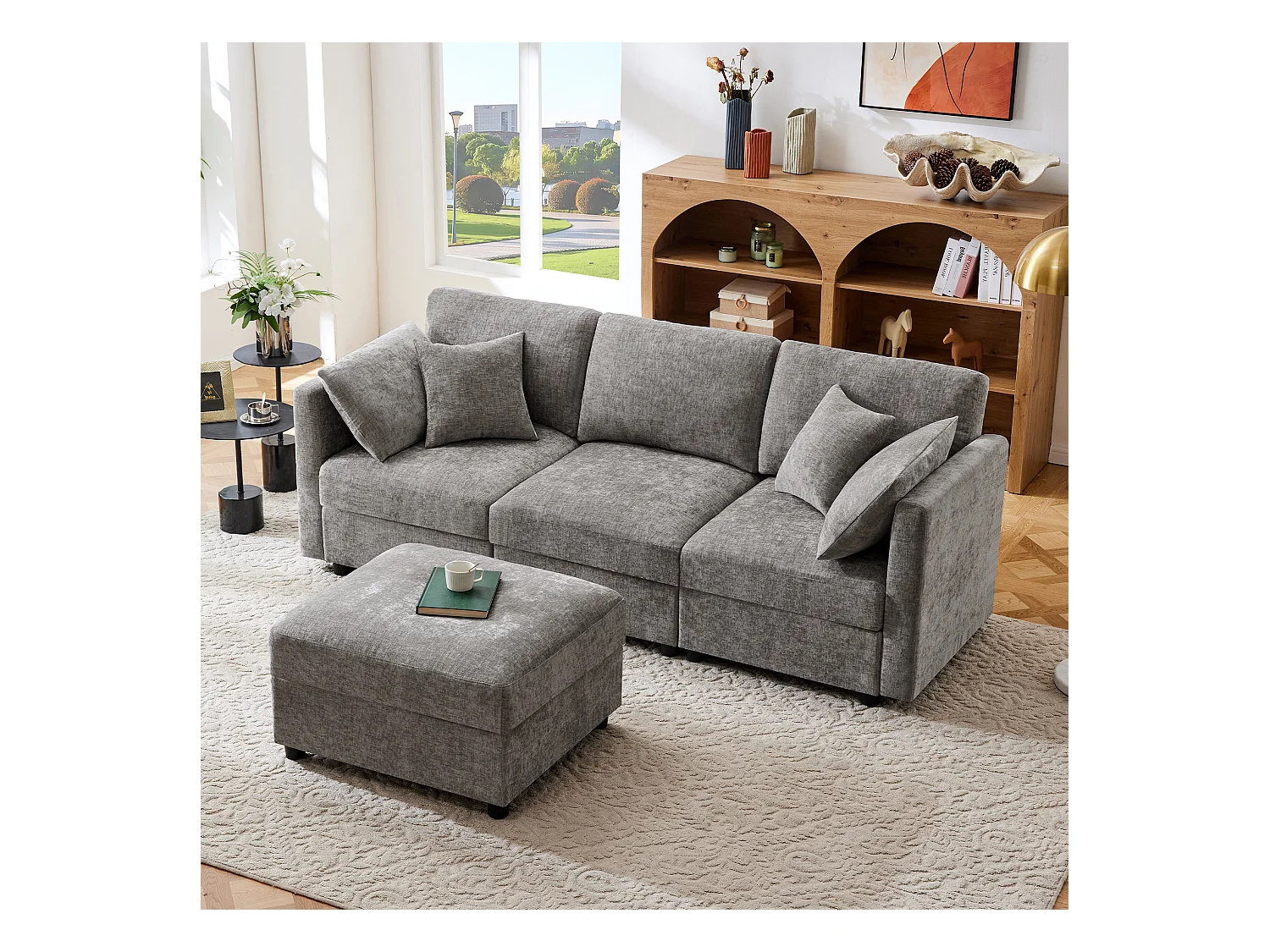 Canapé d'angle avec repose-pieds - Canapé 4 places avec 4 coussins et accoudoirs réglables - tissu chenille gris