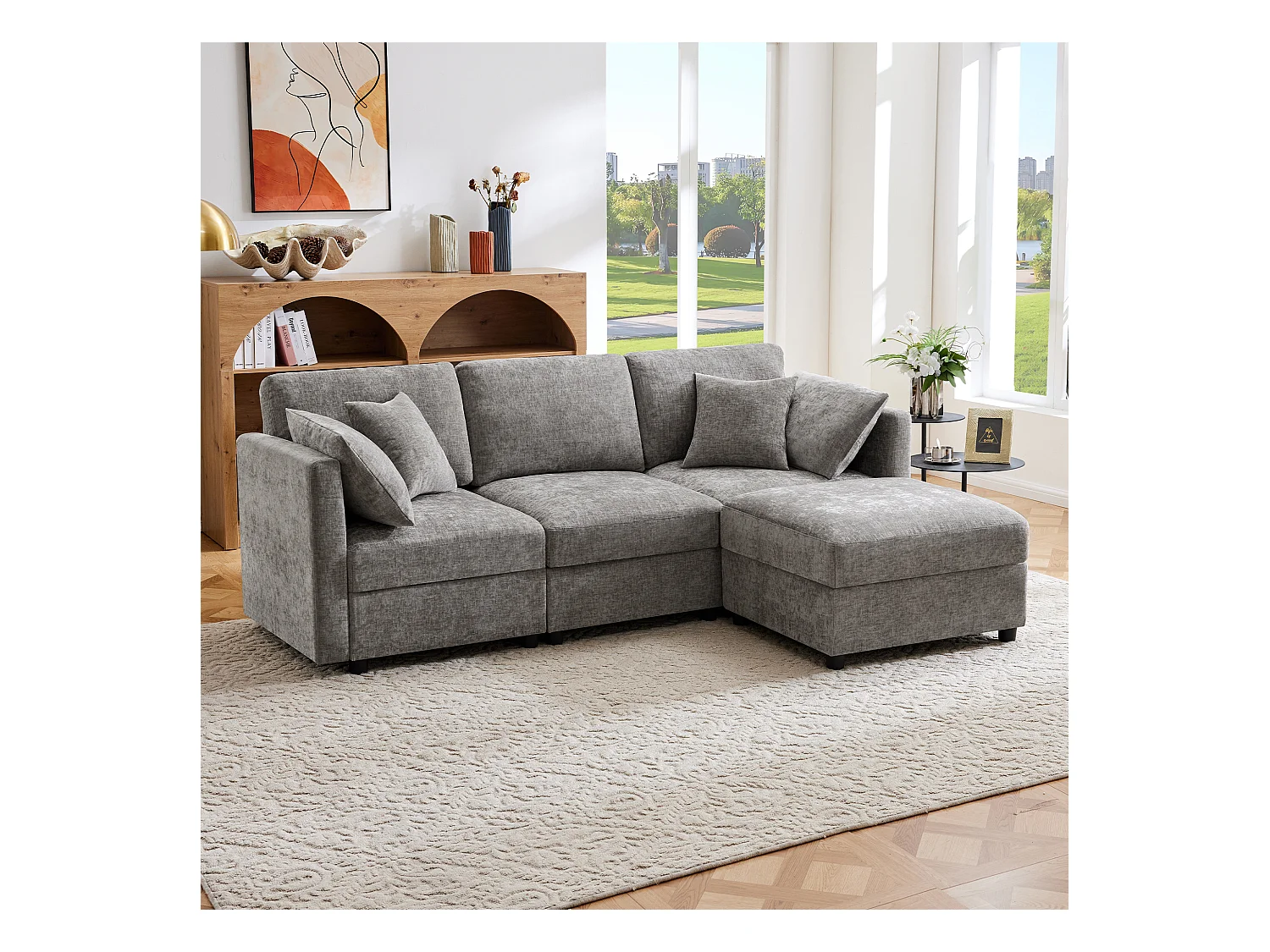 Canapé d'angle avec repose-pieds - Canapé 4 places avec 4 coussins et accoudoirs réglables - tissu chenille gris