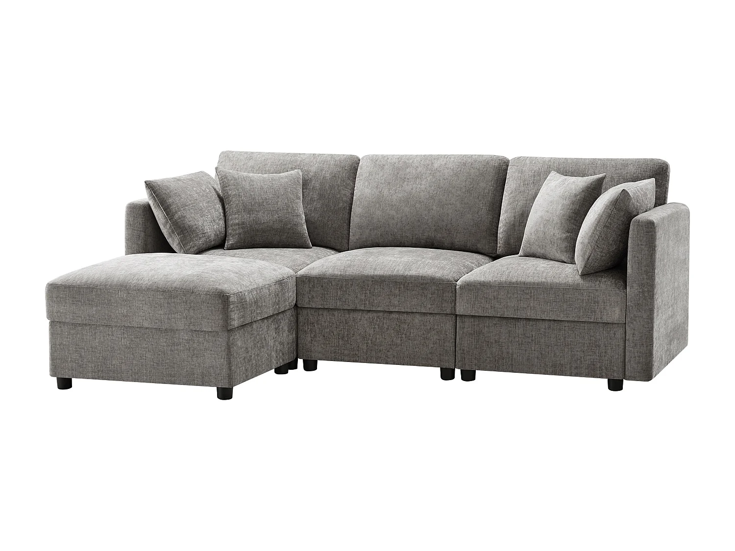 Hoekbank met voetenbank - 4-zitsbank met 4 kussens en verstelbare armleuningen - grijze chenille stof