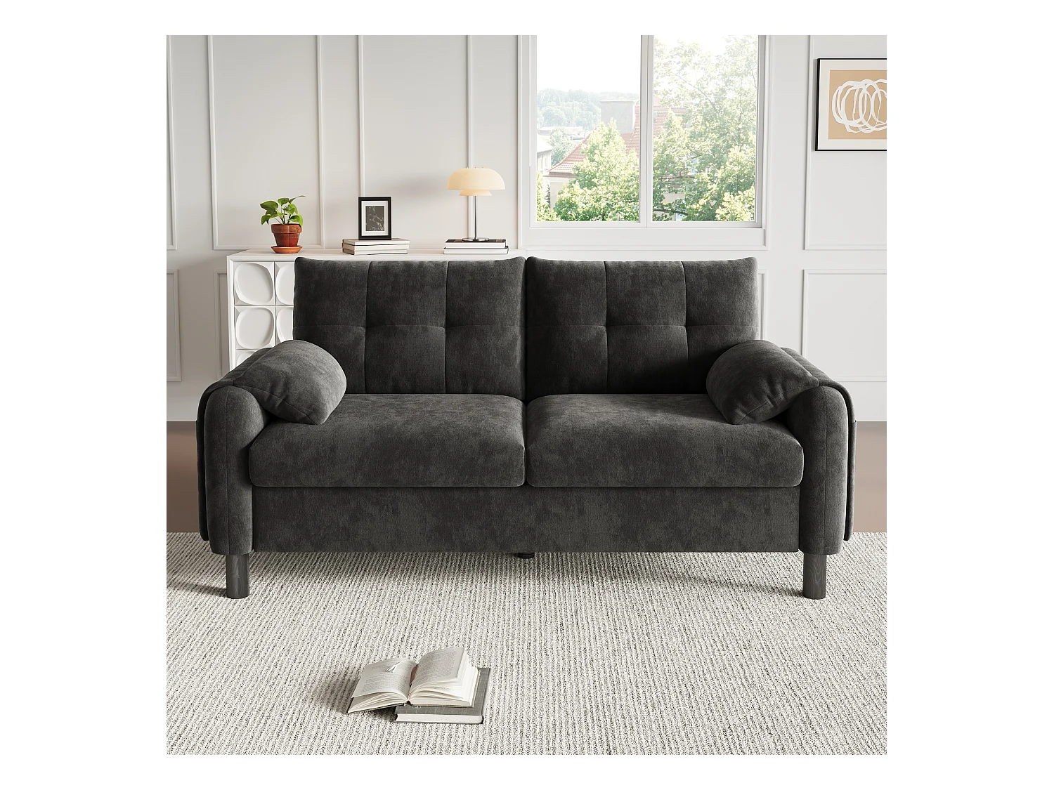 Canapé 2 places avec dossier rembourré - Canapé droit avec poches latérales et accoudoirs - chenille gris