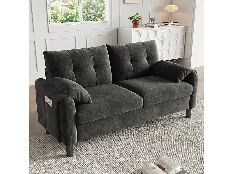 Canapé 2 places avec dossier rembourré - Canapé droit avec poches latérales et accoudoirs - chenille gris