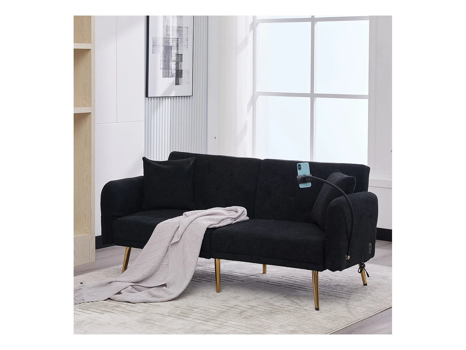 Canapé 2 places avec ports USB - Canapé droit avec support pour téléphone et poches latérales - dossier réglable - velours noir