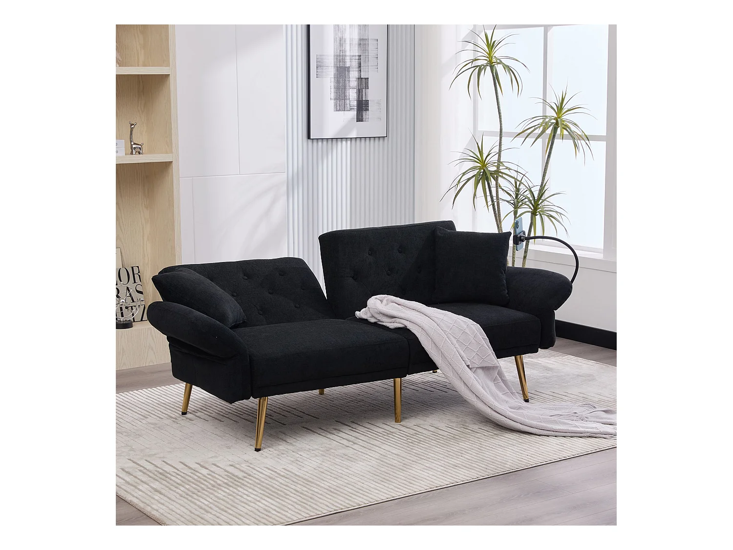 Canapé 2 places avec ports USB - Canapé droit avec support pour téléphone et poches latérales - dossier réglable - velours noir