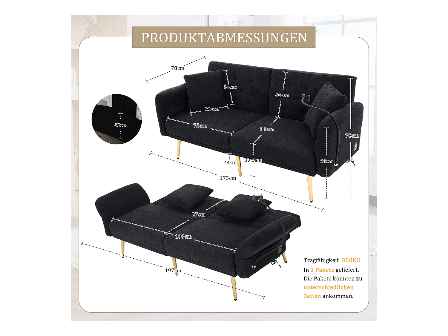 Canapé 2 places avec ports USB - Canapé droit avec support pour téléphone et poches latérales - dossier réglable - velours noir