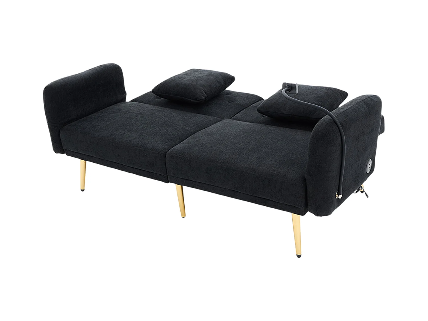 Canapé 2 places avec ports USB - Canapé droit avec support pour téléphone et poches latérales - dossier réglable - velours noir