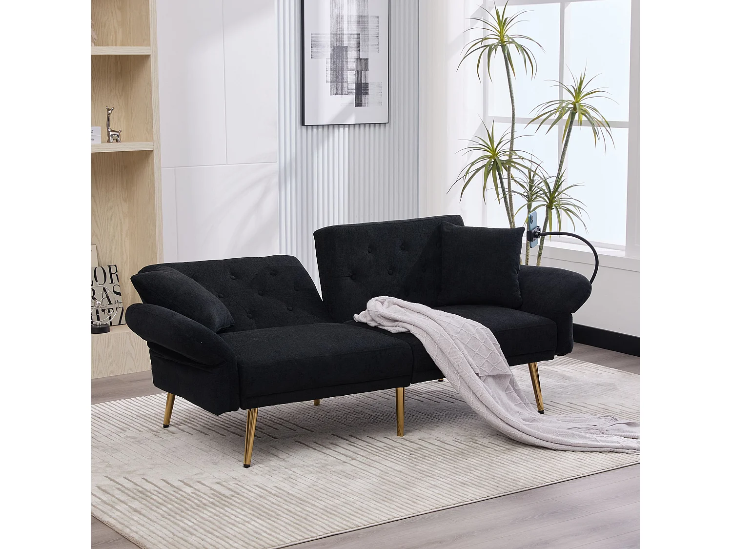 Sofá de 2 lugares com portas USB - Sofá reto com suporte para telemóvel e bolsos laterais - Encosto ajustável - Veludo preto