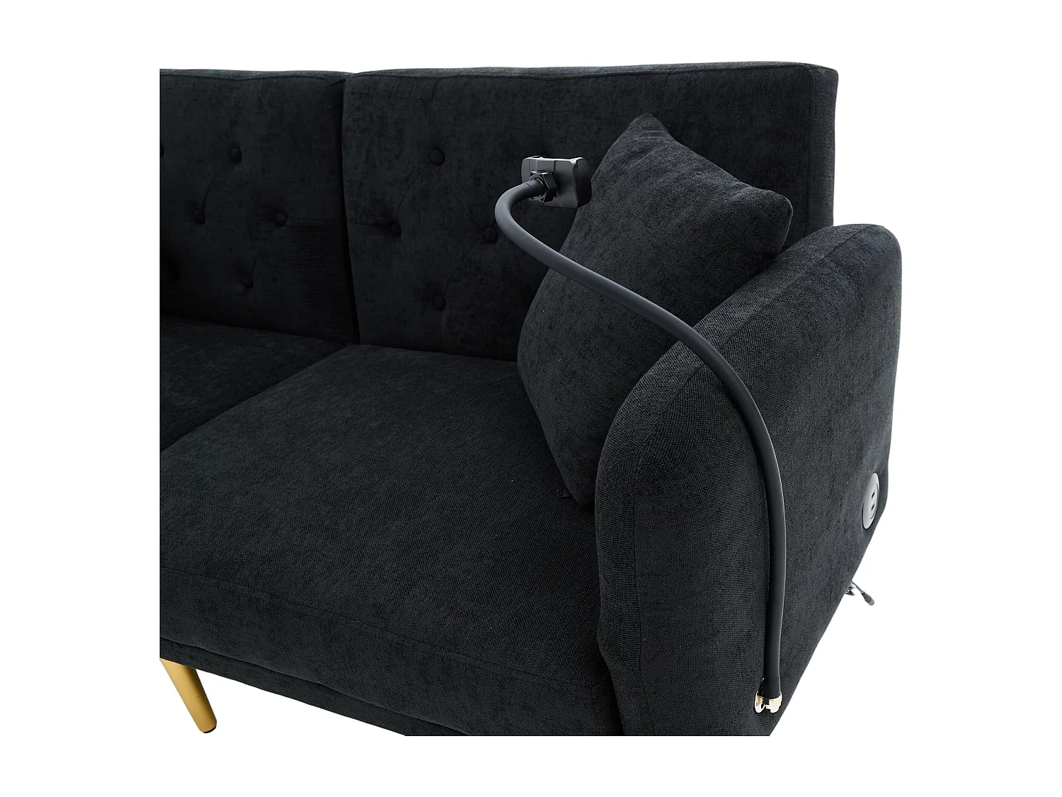 Sofá de 2 lugares com portas USB - Sofá reto com suporte para telemóvel e bolsos laterais - Encosto ajustável - Veludo preto