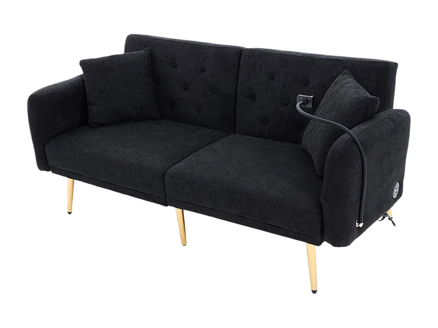 Sofá de 2 lugares com portas USB - Sofá reto com suporte para telemóvel e bolsos laterais - Encosto ajustável - Veludo preto